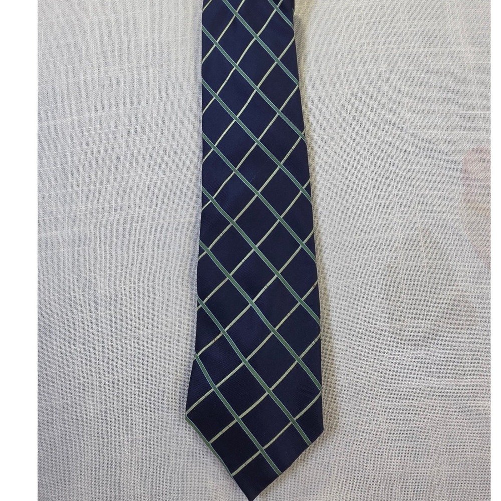 Navy Blue Green Yellow Windowpane Check Silk Necktie Preppy Formal Business Tie